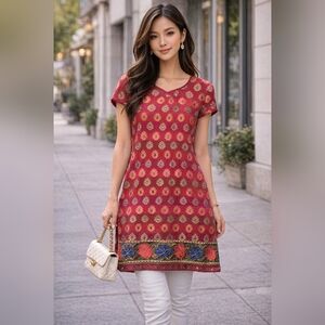 Ethnic Print Kurta Fuschia Gold Short Sleeve Knee Length Tunic Small